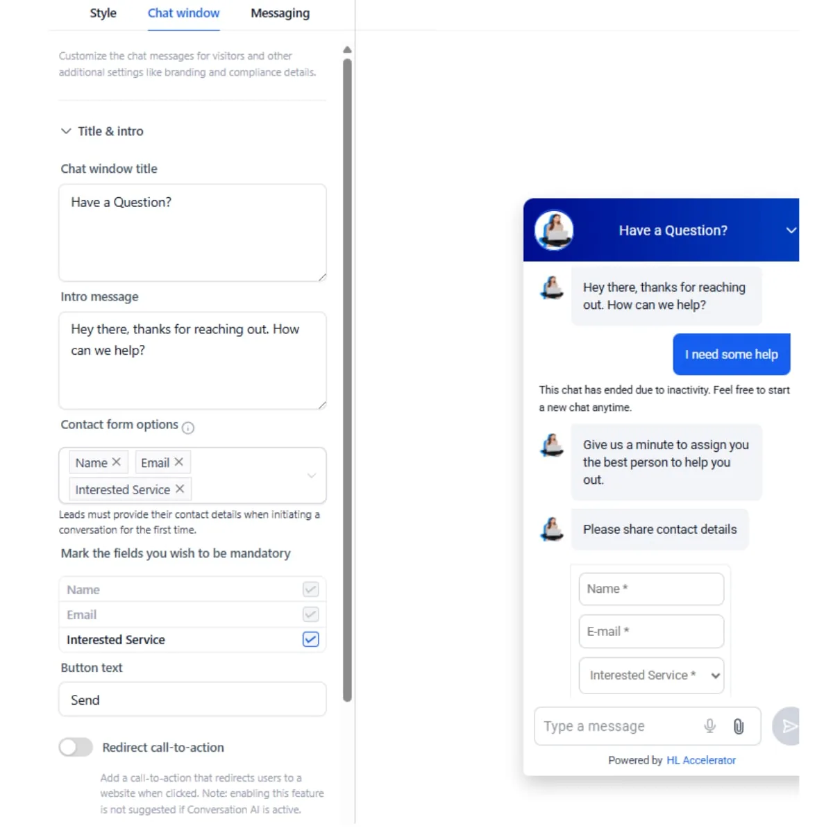 Chat widget settings beside a live chat conversation collecting contact details