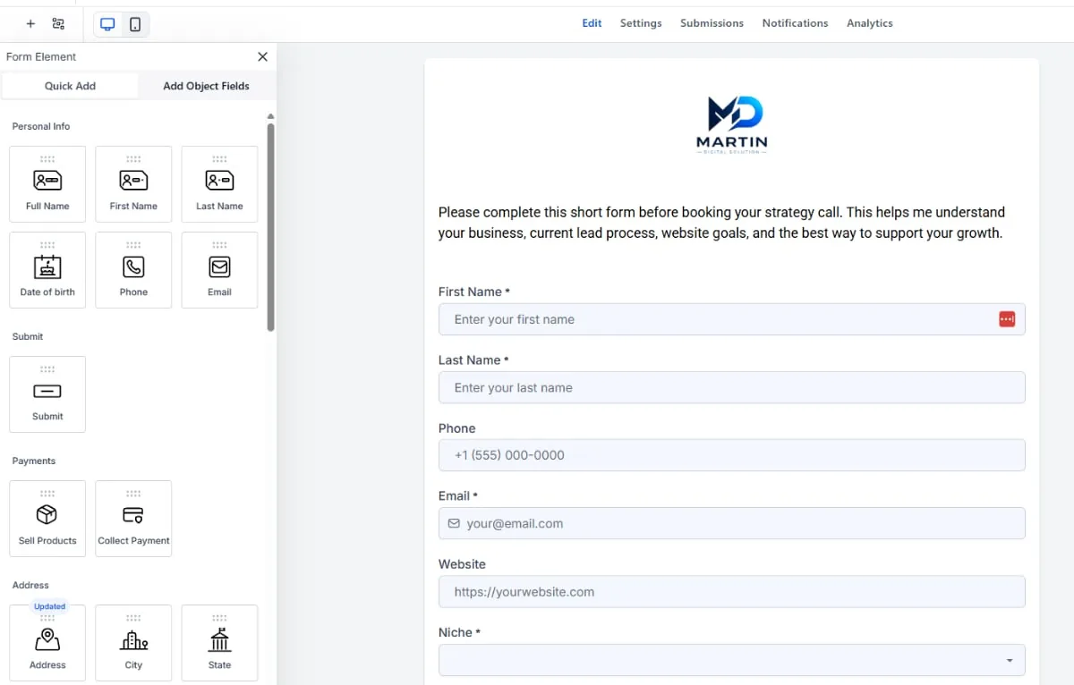 GoHighLevel form builder with the intake form for a strategy call