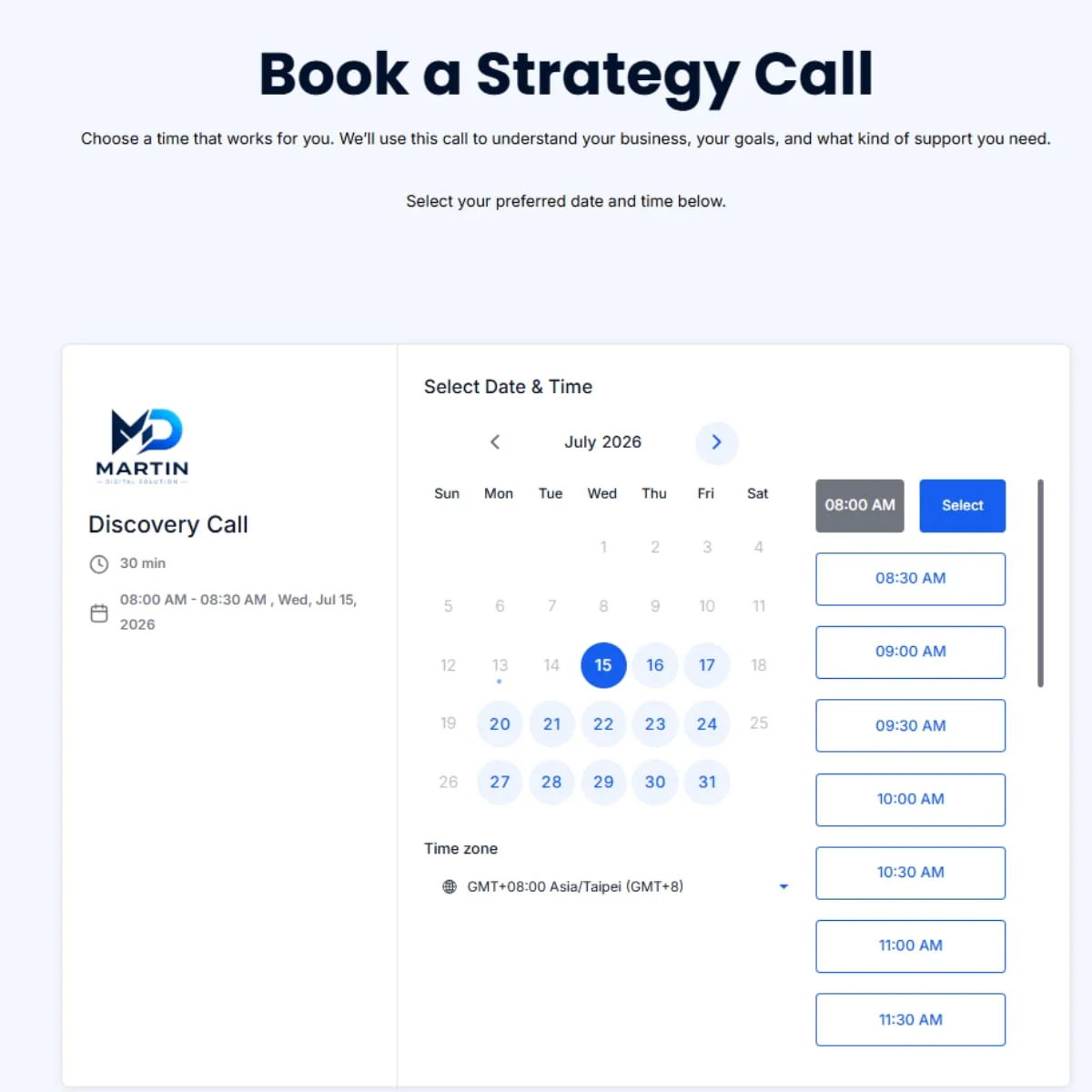 Book a Strategy Call page with a calendar and available times